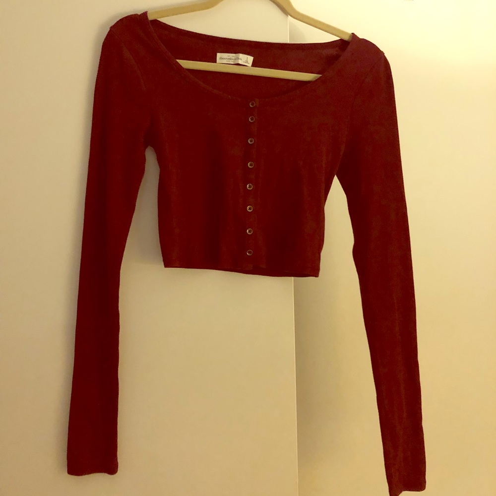 Long Sleeve Burgundy Button Up Crop Top